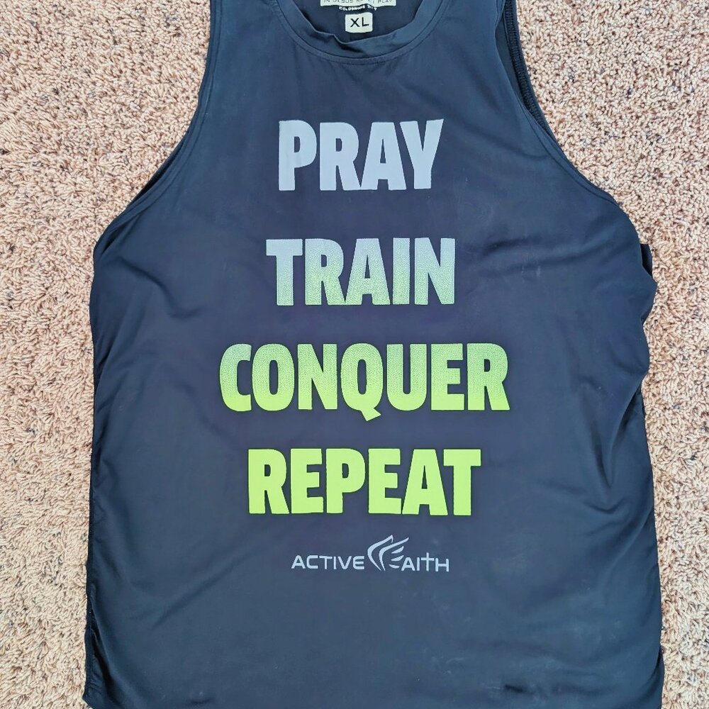 Active Faith Premium Workout Tank Shirt Pray Train Conquer Repeat Mens XL